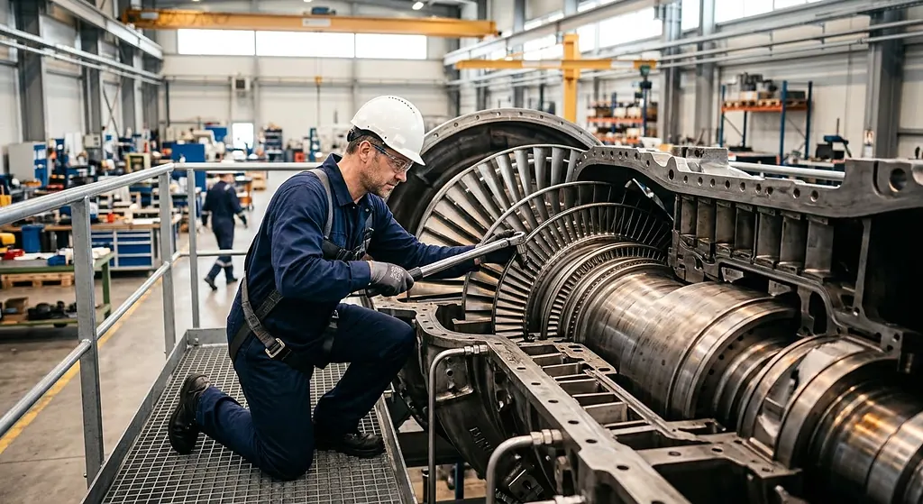 Technician torquing bolts on an opened gas turbine casing