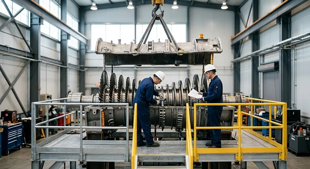 Engineers inspecting a turbine rotor while the casing is lifted