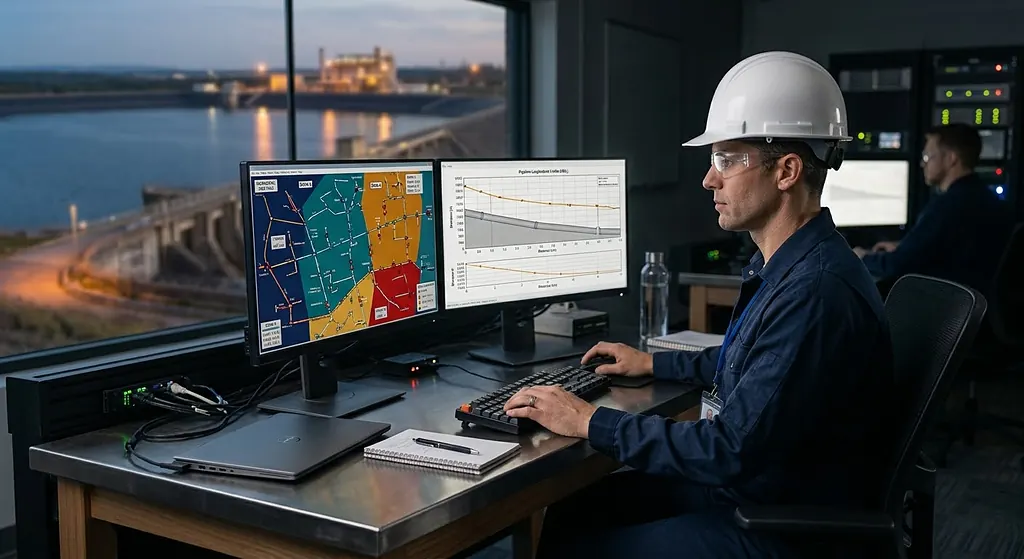 Engineer running a hydraulic network model on dual monitors
